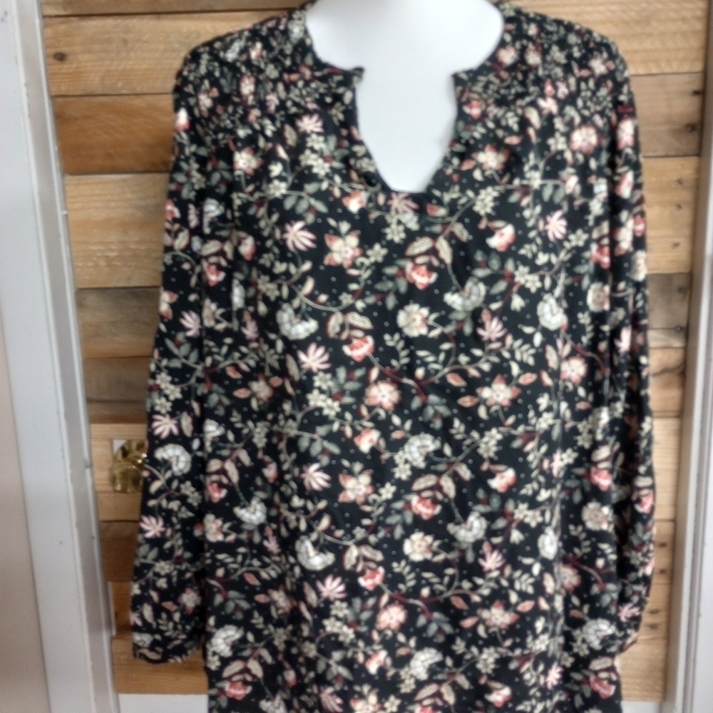 Old Navy Womens Long Sleeve Tassel Tie Ruched Floral Black Blouse Top Size Large